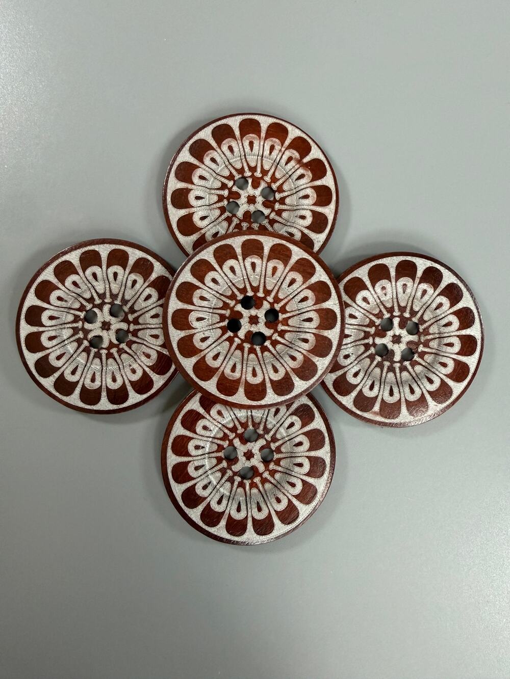 5 Extra Large Wood Buttons 2 9/16 Inch Brown White Decorative 4 Hole